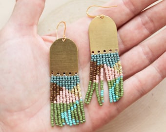 Toho Seed Bead Fringe Earrings, Geometric Brass, Mountain Stream