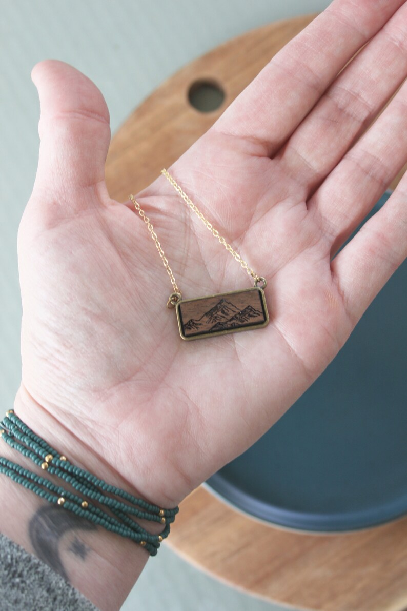 necklace, engraved walnut, engraved bar necklace, boho necklace, wood charm necklace, rustic jewelry, charm necklace, mountain jewelry image 2