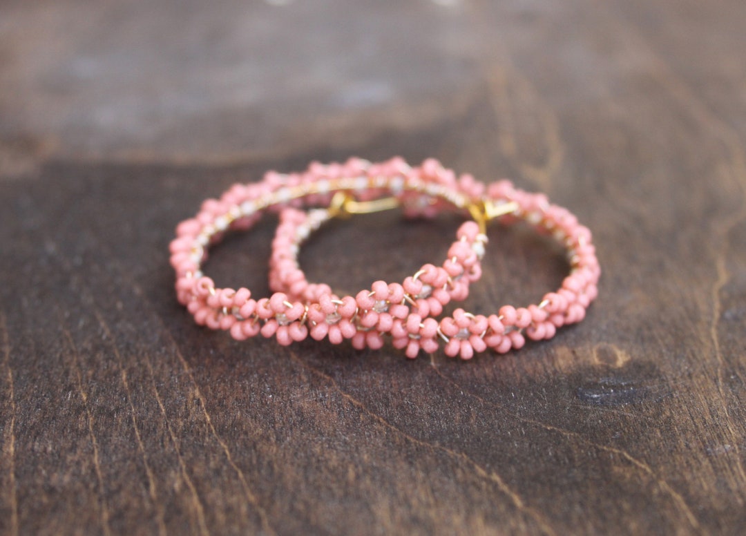 Woven Seed Bead Hoops, Flower Hoops, 90's Style Jewelry, Beaded Flower