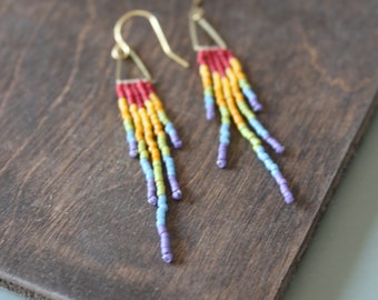 Beaded fringe earrings, bead earrings, seed bead earrings, dangle earrings, tassel earrings, mini fringe, pride earrings, rainbow earrings