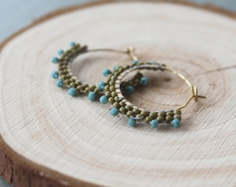 earrings, mini hoops, trendy jewelry, boho jewelry, beaded hoops, woven earrings, seed bead earrings, bronze hoops, seed bead hoops, brass