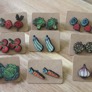 veggie stud earrings, gardening earrings, gardener gift, vegetable earrings, farmers earrings, garden gift, garden earrings, wood studs