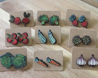 veggie stud earrings, gardening earrings, gardener gift, vegetable earrings, farmers earrings, garden gift, garden earrings, wood studs