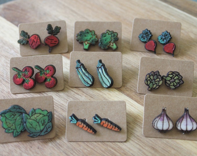 veggie stud earrings, gardening earrings, gardener gift, vegetable earrings, farmers earrings, garden gift, garden earrings, wood studs