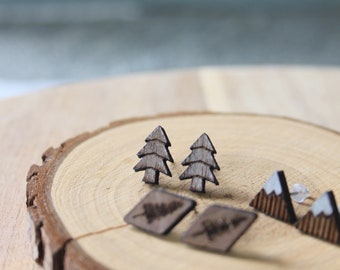 brincos de montanha, tachas ao ar livre, brincos, conjunto de brincos, camping, brincos de caminhada, joias da natureza, brincos ao ar livre, tachas de madeira