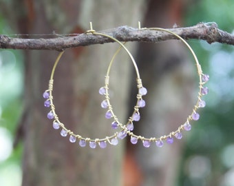 wire wrapped hoop earrings, large hoop earrings, amethyst earrings, beaded hoop earrings, amethyst