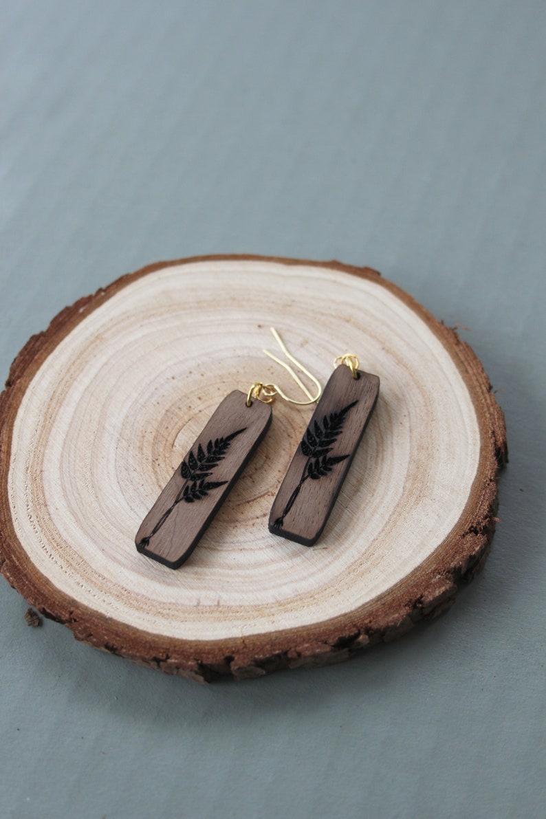 Minimalist earrings, engraved wood earrings, botanical earrings, boho earrings, walnut earrings, nature earrings, dangle earrings, fern image 5