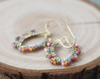 Woven Seed Bead Earrings: Boho Bronze Dangle Hoops