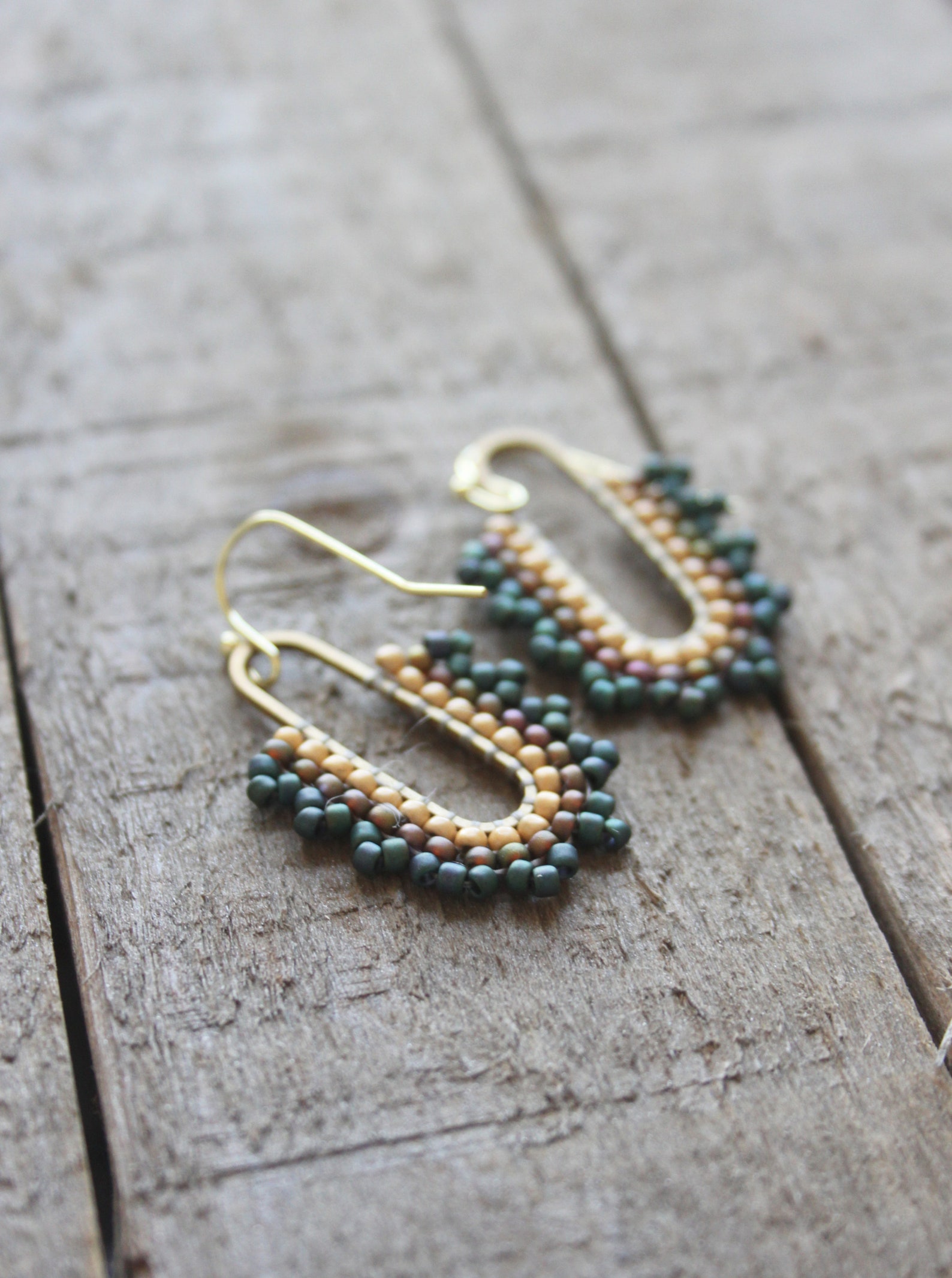earrings, dangle earrings, trendy jewelry, boho jewelry, beaded hoops, woven earrings, seed bead earrings, bronze hoops, seed bead hoops