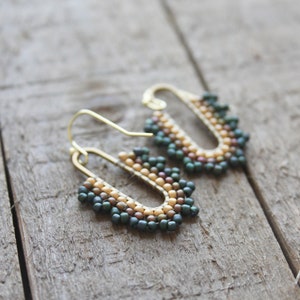 earrings, dangle earrings, trendy jewelry, boho jewelry, beaded hoops, woven earrings, seed bead earrings, bronze hoops, seed bead hoops