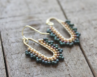 earrings, dangle earrings, trendy jewelry, boho jewelry, beaded hoops, woven earrings, seed bead earrings, bronze hoops, seed bead hoops