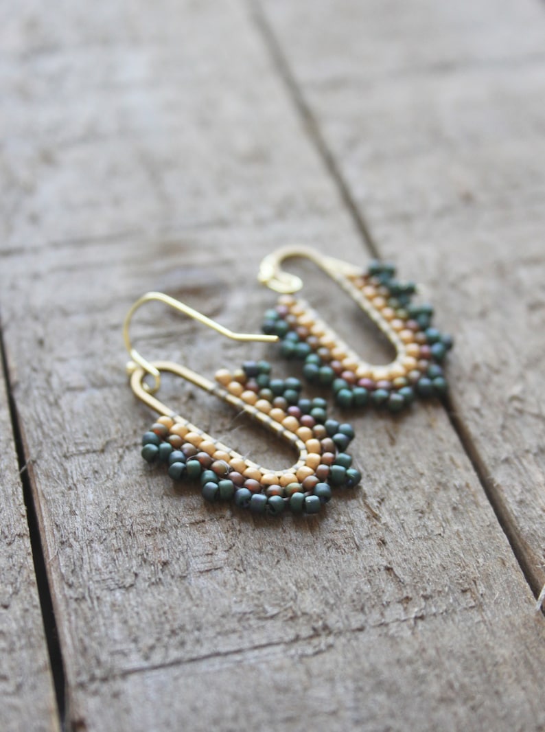 earrings, dangle earrings, trendy jewelry, boho jewelry, beaded hoops, woven earrings, seed bead earrings, bronze hoops, seed bead hoops image 1