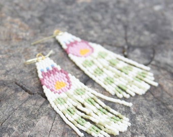 Beaded fringe earrings, bead earrings, seed bead earrings, dangle earrings, long beaded earrings, tassel earrings, folk art earrings