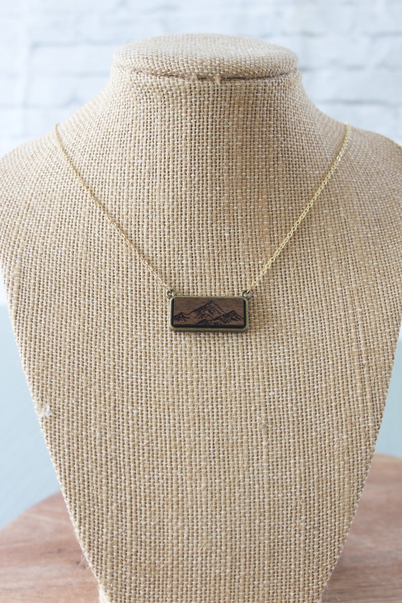 necklace, engraved walnut, engraved bar necklace, boho necklace, wood charm necklace, rustic jewelry, charm necklace, mountain jewelry image 5