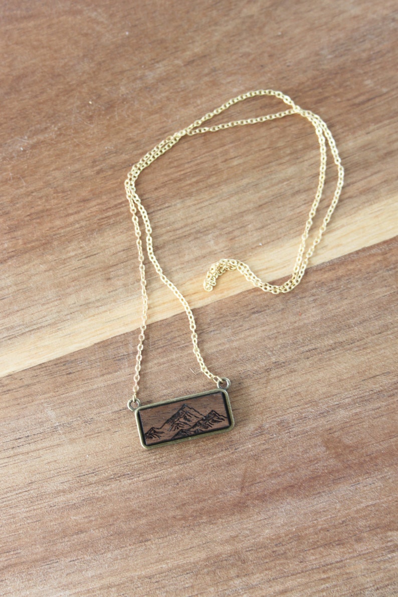 necklace, engraved walnut, engraved bar necklace, boho necklace, wood charm necklace, rustic jewelry, charm necklace, mountain jewelry image 6