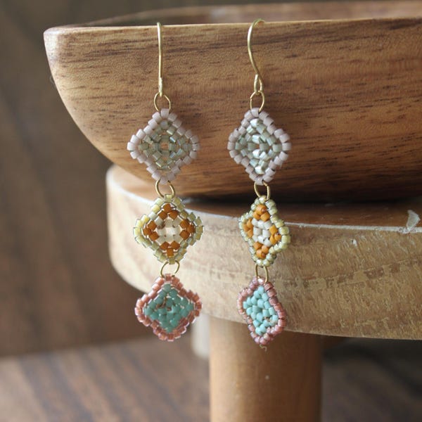 Beaded earrings, bead earrings, seed bead earrings, dangle earrings, long beaded earrings, beaded drop earrings, beaded tile earrings