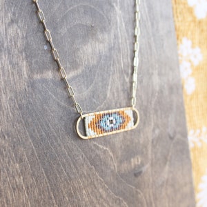 Necklace, seed bead necklace, woven pendant necklace, boho necklace, hand woven necklace, seed bead pendant, evil eye, gold necklace, miyuki