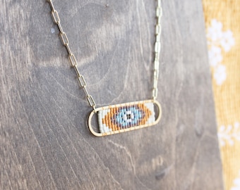 Necklace, seed bead necklace, woven pendant necklace, boho necklace, hand woven necklace, seed bead pendant, evil eye, gold necklace, miyuki