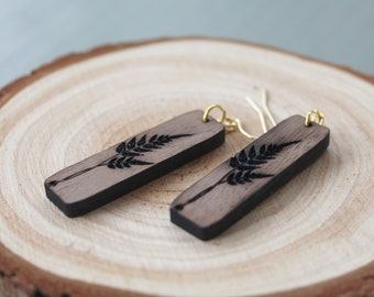 Minimalist earrings, engraved wood earrings, botanical earrings, boho earrings, walnut earrings, nature earrings, dangle earrings, fern