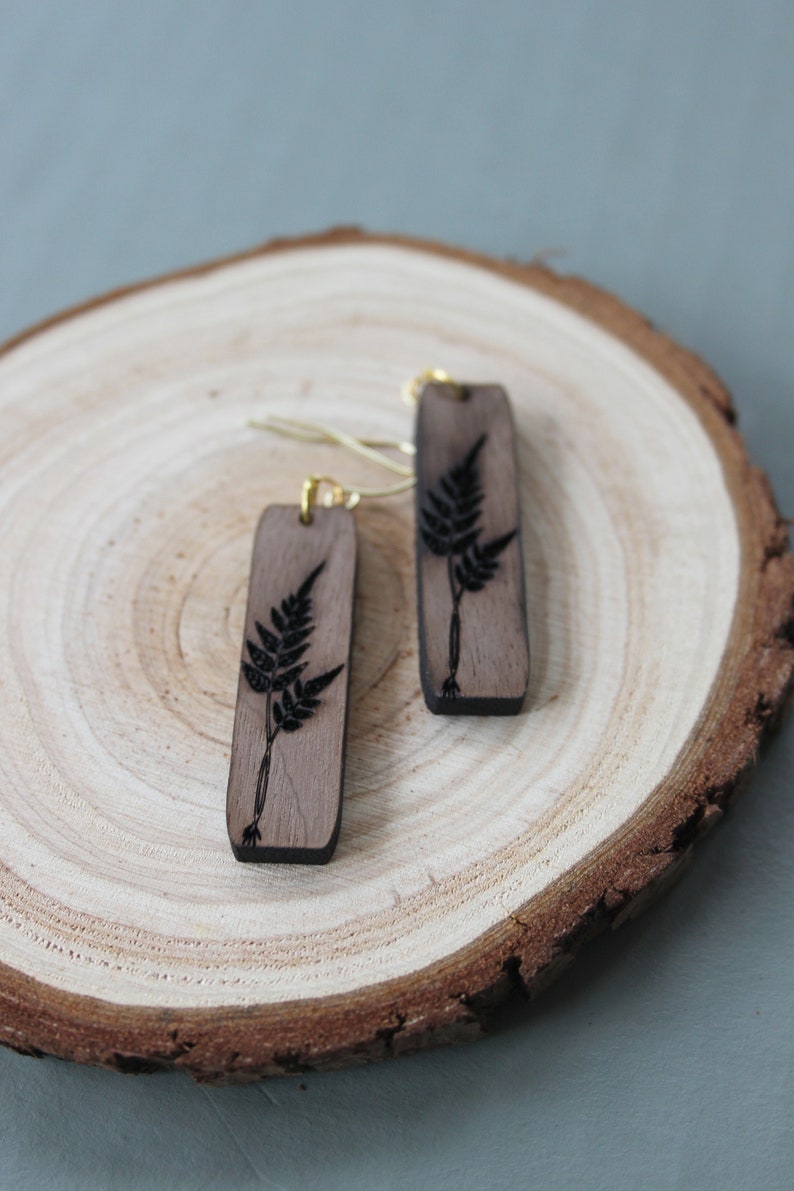 Minimalist earrings, engraved wood earrings, botanical earrings, boho earrings, walnut earrings, nature earrings, dangle earrings, fern image 3