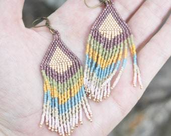 Beaded fringe earrings, bead earrings, seed bead earrings, dangle earrings, long beaded earrings, tassel earrings, twilight sky earrings