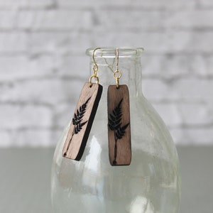 Minimalist earrings, engraved wood earrings, botanical earrings, boho earrings, walnut earrings, nature earrings, dangle earrings, fern image 2