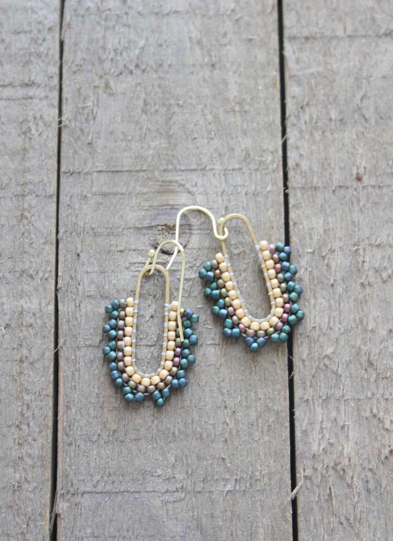 earrings, dangle earrings, trendy jewelry, boho jewelry, beaded hoops, woven earrings, seed bead earrings, bronze hoops, seed bead hoops image 3