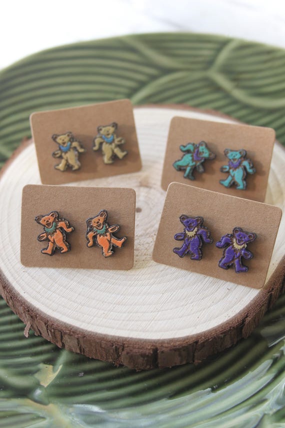 wooden stud earrings, grateful dead earrings, wood earrings, dancing bear earrings, music earrings, stud earrings, grateful dead jewelry
