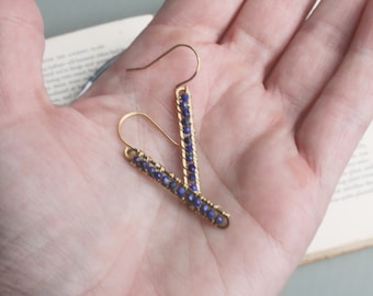 wire wrapped  earrings, gold earrings, lapis lazuli earrings, beaded hoop earrings, minimalist earrings, minimalist jewelry