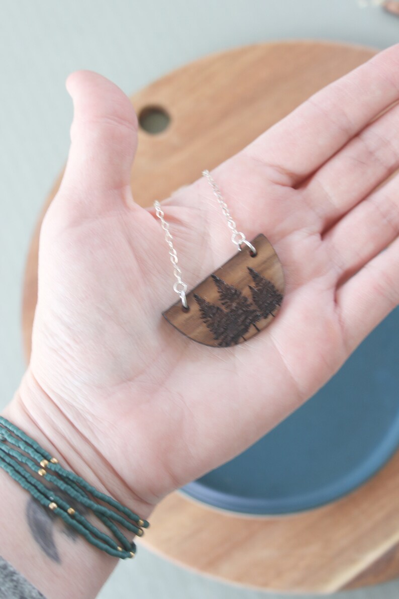 necklace, engraved walnut, tree necklace, boho necklace, wood charm necklace, rustic jewelry, charm necklace, engraved wood necklace image 2