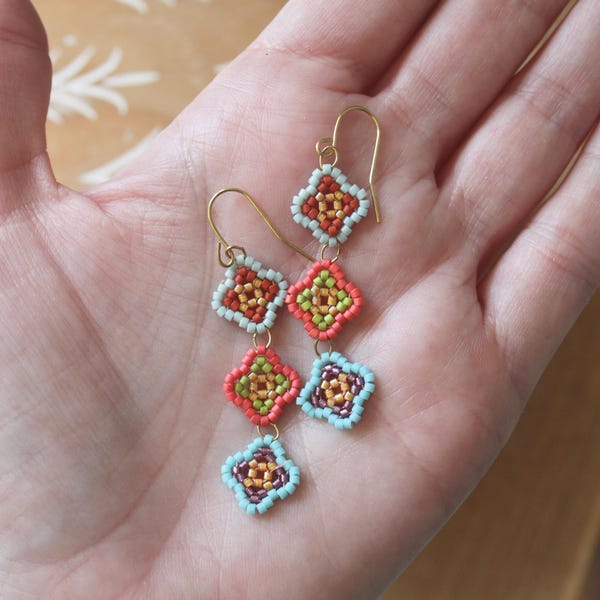Beaded earrings, bead earrings, seed bead earrings, dangle earrings, long beaded earrings, beaded drop earrings, beaded tile earrings