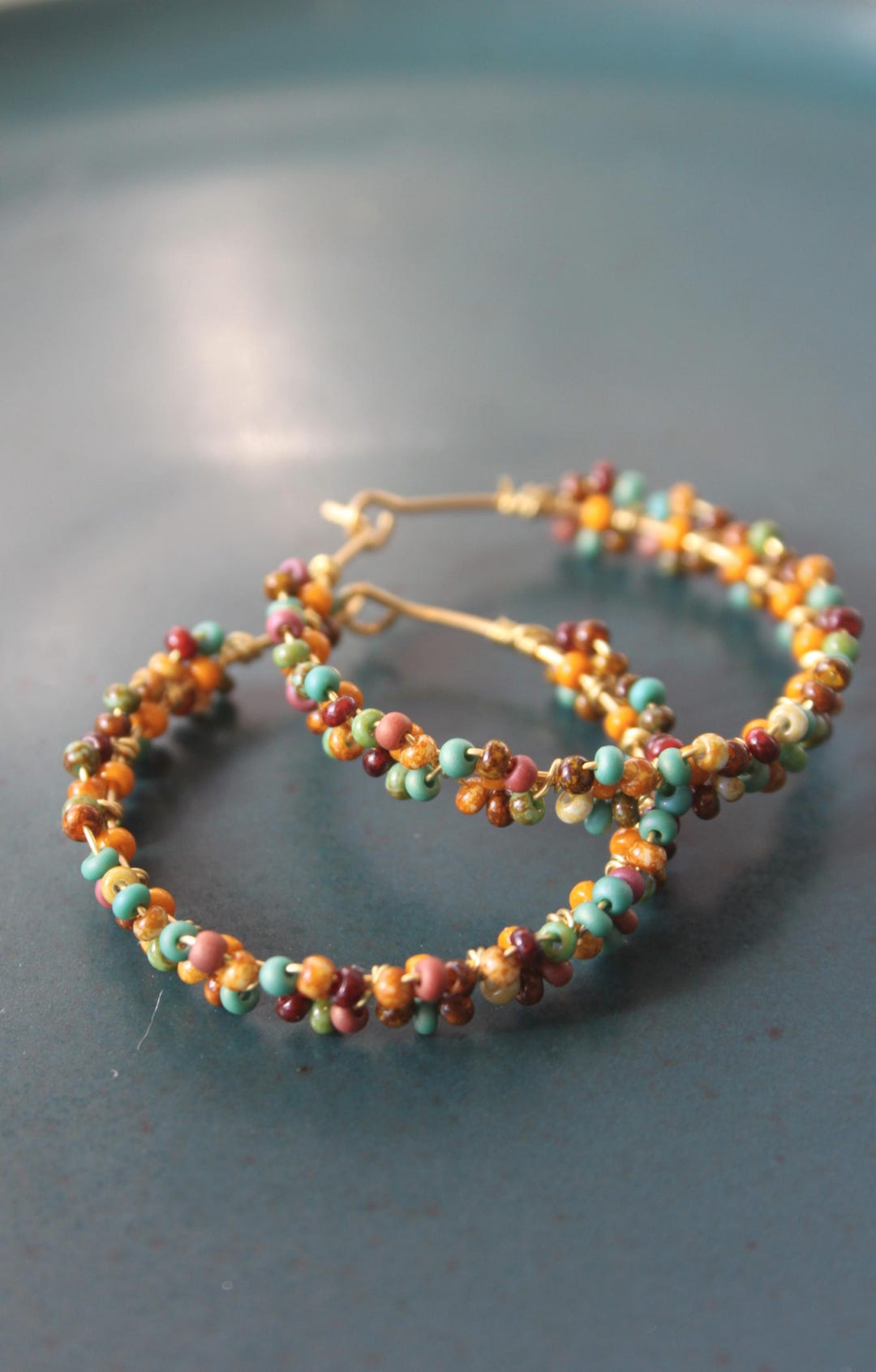 Woven Seed Bead Hoops, Flower Hoops, 90's Style Jewelry, Beaded Flower ...