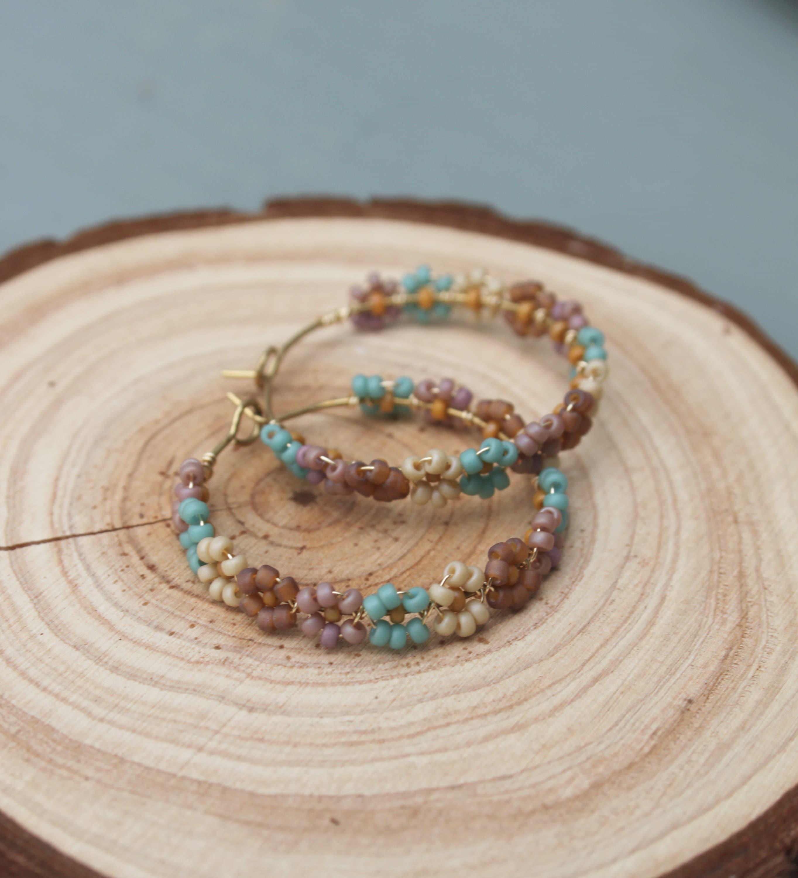 Woven Seed Bead Hoops, Flower Hoops, 90's Style Jewelry, Beaded Flower ...