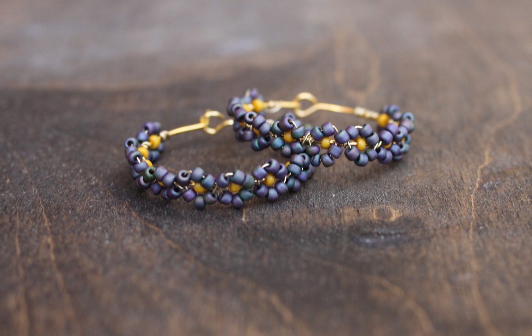 Woven Seed Bead Hoops, Flower Hoops, 90's Style Jewelry, Beaded Flower