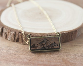 necklace, engraved walnut, engraved bar necklace, boho necklace, wood charm necklace, rustic jewelry, charm necklace, mountain jewelry