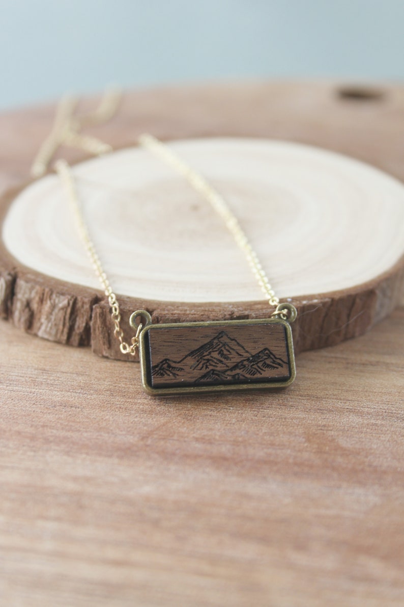 necklace, engraved walnut, engraved bar necklace, boho necklace, wood charm necklace, rustic jewelry, charm necklace, mountain jewelry image 1