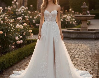 A-Linie Brautkleid | Tüll Brautkleid | Spitze Braut Kleid | 3D Blumenstickerei Brautkleid | Brautkleid
