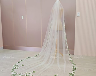 Long Wedding Veil with Floral Embroidery, Garden-Inspired Cathedral Veil, Custom Length Bridal Veil with Green and White Lace Flowers.