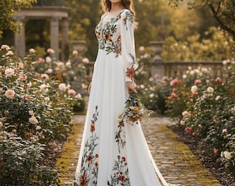Boho Wedding Dress | Bohemian Bridal Gown | Chiffon Wedding Dress with Colorful Floral Embroidery | Custom wedding dress | A-Line Gown