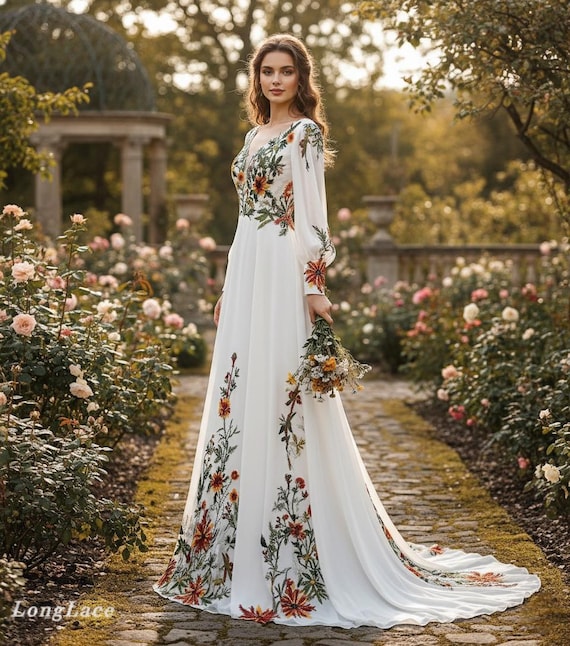 Boho Wedding Dress | Bohemian Bridal Gown | Chiffon Wedding Dress with Colorful Floral Embroidery | Custom Wedding Dress | A-Line Gown