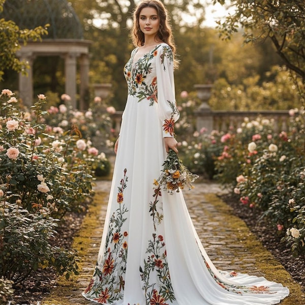 Boho Wedding Dress | Bohemian Bridal Gown | Chiffon Wedding Dress with Colorful Floral Embroidery | Custom wedding dress | A-Line Gown