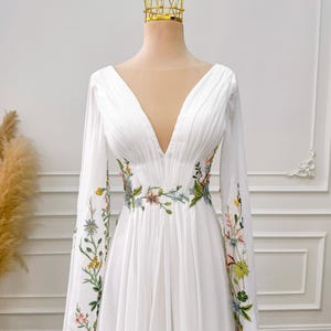 Wedding Dress | Bohemian Bridal Gown | Chiffon Wedding Dress with Colorful Floral Embroidery | Custom wedding dress | A-Line Gown with Train