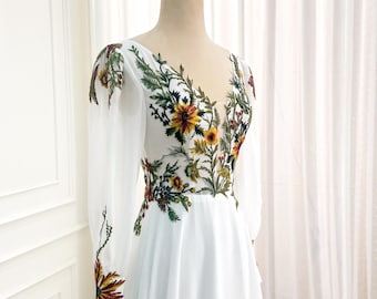 Boho Wedding Dress | Bohemian Bridal Gown | Chiffon Wedding Dress with Colorful Floral Embroidery | Custom wedding dress | A-Line Gown