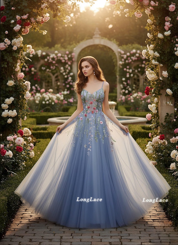 Evening Dress | Prom Dress | Tulle Wedding Gown with Handcrafted Floral Embroidery | Wedding Dress | A-Line Bridal Gown