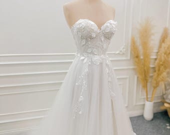 A-Linie Brautkleid | Tüll Brautkleid | Spitze Braut Kleid | 3D Blumenstickerei Brautkleid | Brautkleid