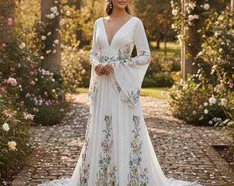 Wedding Dress | Bohemian Bridal Gown | Chiffon Wedding Dress with Colorful Floral Embroidery | Custom wedding dress | A-Line Gown with Train