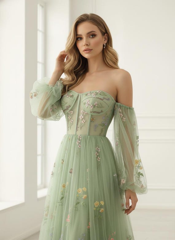 Sage Green Floral Wedding Dress, Off Shoulder Tulle Gown, Custom Prom Dress, Fairy Garden Embroidery, Boho Corset Dress , Cottagecore Gown