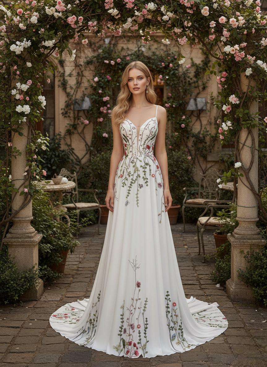 White Wedding Dress With Green Accents - Etsy