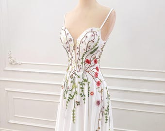 Boho Wedding Dress | Bohemian Bridal Gown | Chiffon Wedding Dress with Colorful Floral Embroidery | Custom wedding dress | A-Line Gown