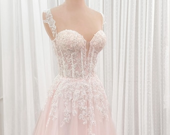 Blush Pink Wedding Dress | Tulle Wedding Gown | Corset Bodice Wedding Dress | A-Line Bridal Gown